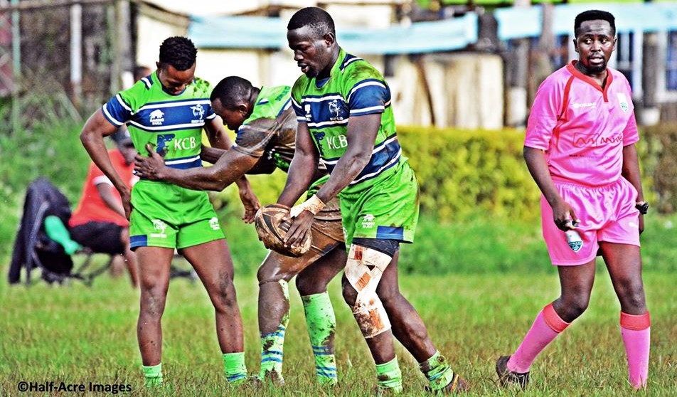 KCB'S LEVY AMUNGA KICKS FOR TOUCH IN A PAST ACTION. PHOTO COURTESY/DENIS ACRE-HALF