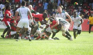 Dalmus Chitiyu goes down for a try for Kenya Simbas. Photo Courtesy/ Rugby Afrique.