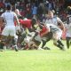 Dalmus Chitiyu goes down for a try for Kenya Simbas. Photo Courtesy/ Rugby Afrique.