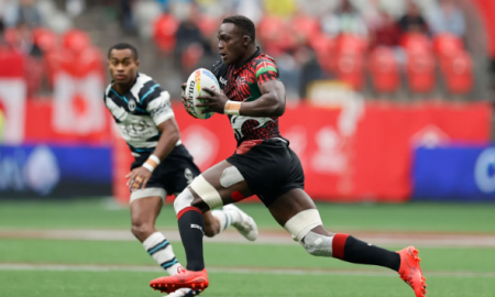 Kenya 7s Kevin Wekesa attacks against the Fiji defense on day one of the HSBC Canada Sevens at BC Place Stadium on 16 April, 2022 in Vancouver, Canada. Photo credit: Mike Lee - KLC fotos for World Rugby