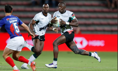 Kenya 7s Collins Shikoli attacks against the France defense on day one of the HSBC France Sevens men's competition at Stade Toulousain on 20 May, 2022 in Toulouse, France. Photo credit: Mike Lee - KLC fotos for World Rugby