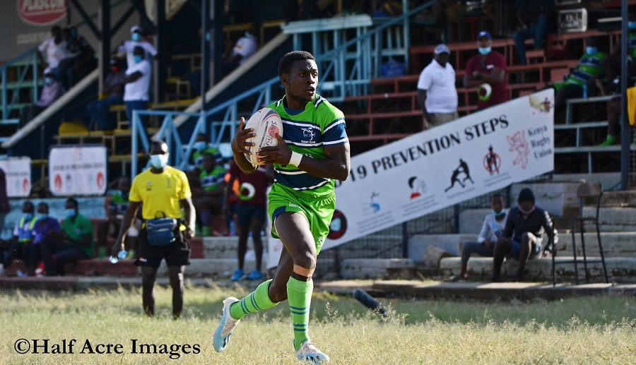 KCB's Cabrine Muhanga races to the try box against Kenya Harlequins. Photo Courtesy/Denis Acre-half.