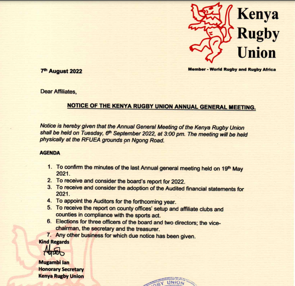 Kenya Rugby Union notice. Photo Courtesy/KRU.