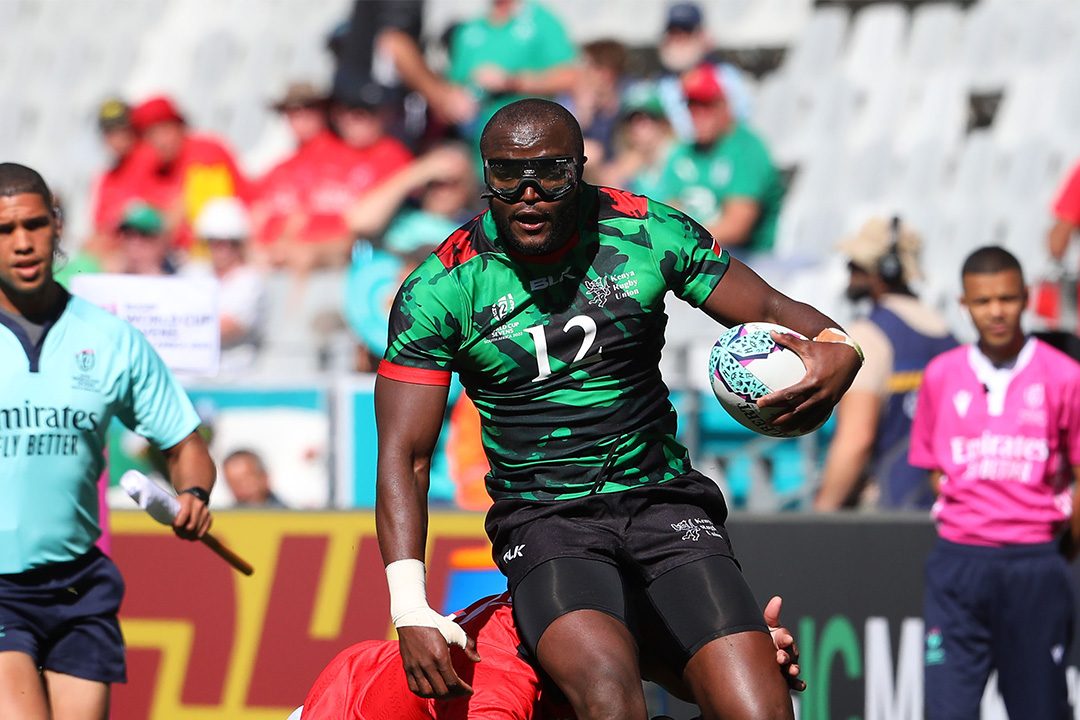 Kenya 7s forward Willy Ambaka tries to evade against Tonga. Photo Courtesy/World Rugby