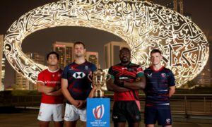 DUBAI, UNITED ARAB EMIRATES - NOVEMBER 03: Tomás Appleton of Portugal (left to right) Josh Hrstich of Hong Kong, Daniel Sikuta of Kenya and Alan McGinty of USA during the RWC 2023 Final Qualification Tournament – Captains Photocall at the Museum of the Future on November 03, 2022 in Dubai, United Arab Emirates. (Photo by Christopher Pike - World Rugby/World Rugby via Getty Images)