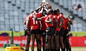 Kenya 7s huddle in the Cape Town 7s. Photo Courtesy/ World 7s Series.