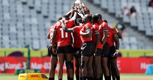 Kenya 7s huddle in the Cape Town 7s. Photo Courtesy/ World 7s Series.