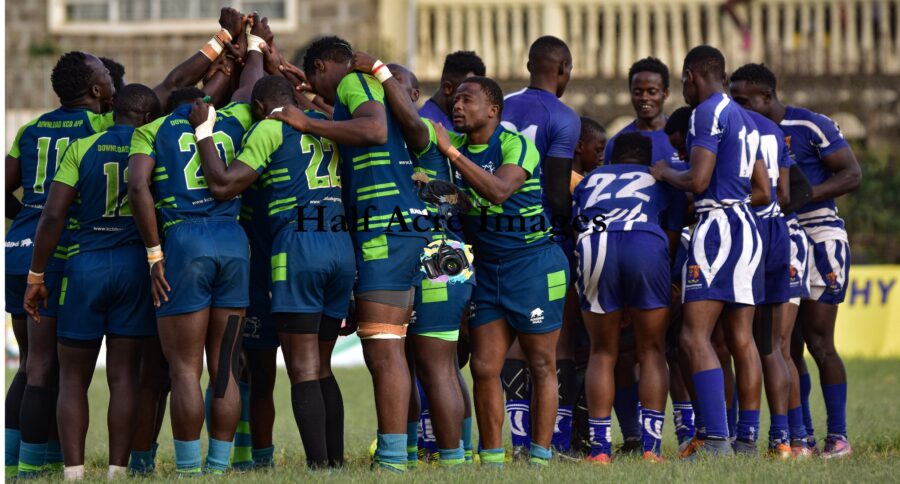 KCB Rugby huddle in a past action. Photo CourtesyDennis Acre-half.