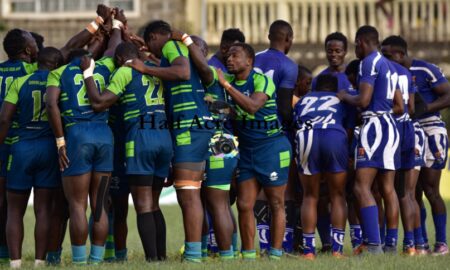 KCB Rugby huddle in a past action. Photo CourtesyDennis Acre-half.
