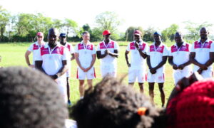 The Nondies Rugby legends address youngsters at Tatu City primary school. Photo Courtesy/Alex Njue