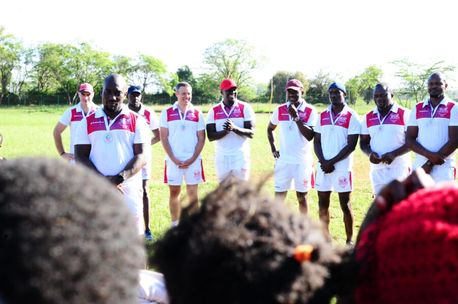 The Nondies Rugby legends address youngsters at Tatu City primary school. Photo Courtesy/Alex Njue