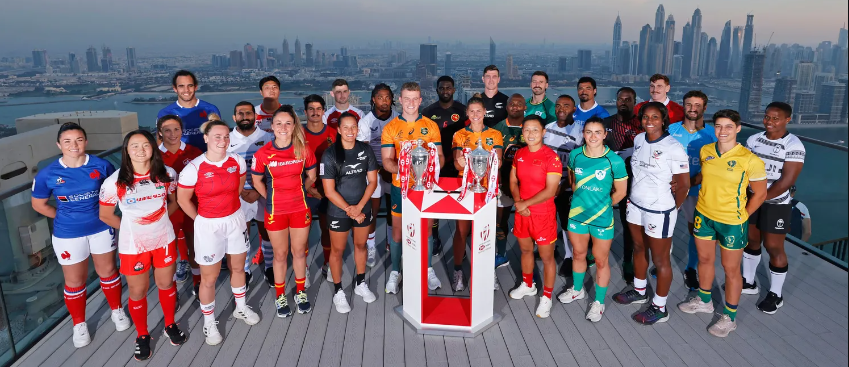All 28 captains at the captain's photo call prior to the Dubai Emirates Airline Rugby Sevens at The View at the Palm on 29 November, 2022. Photo credit: Mike Lee - KLC fotos for World Rugby