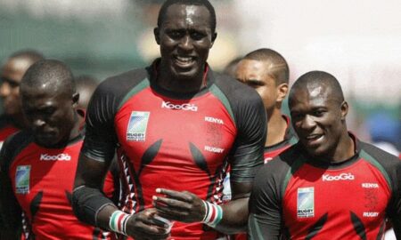 Humphrey Kayange leads Kenya 7s in past action. Photo Courtesy/World Rugby