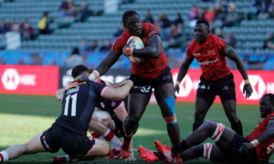 Kenya's Alvin Otieno charges through the Canada defense on day two of the HSBC Los Angeles Sevens at Dignity Health Sports Park on 26 February, 2023 in Los Angeles, United States. Photo credit: Mike Lee - KLC fotos for World Rugby