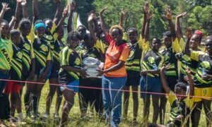 Peris Mukoko together with Kabras RFC ladies team. Photo Courtesy/ Adolwa Miliza.