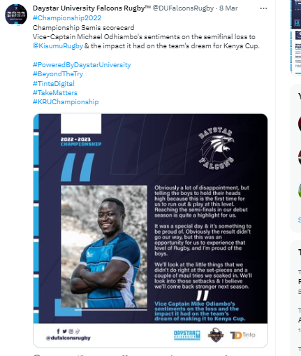 A screenshot of Daystar Falcons tweet with post match comments. Photo Courtesy/Twitter 
