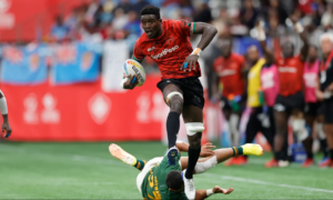 Kenya 7s George Ooro Angeyo breaks through the South Africa defense on day two of the HSBC Canada Sevens at BC Place Stadium on 4 March, 2023 in Vancouver, Canada. Photo credit: Mike Lee - KLC fotos for World Rugby