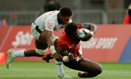 Kenya's Alvin Otieno scores a try against USA on day one of the HSBC Singapore Sevens at Singapore National Stadium on 8 April, 2023 in Kallang, Singapore. Photo credit: Mike Lee - KLC fotos for World Rugby