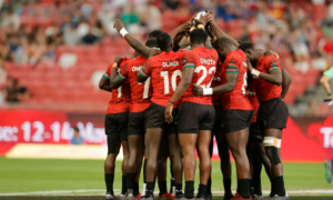 Kenya team huddle before the game against USA on day one of the HSBC Singapore Sevens at Singapore National Stadium on 8 April, 2023 in Kallang, Singapore. Photo credit: Mike Lee - KLC fotos for World Rugby