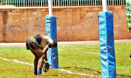 Felix Okoth crosses over for a try for Rugby on the road. Photo Courtesy/Scrummage.