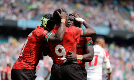 Kenya 7s players react to captain Nelson Oyoo's try against Tonga on day one of the HSBC London Sevens at Twickenham Stadium on 20 May, 2023 in London, United Kingdom. Photo credit: Mike Lee - KLC fotos for World Rugby