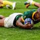 Makazole Mapimpi of South Africa scores his team's second try during the Rugby World Cup France 2023 match between South Africa and Romania at Nouveau Stade de Bordeaux on September 17, 2023 in Bordeaux, France. (Photo by Jan Kruger/Getty Images