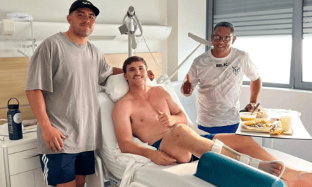 New Zealand centre Anton Lienert-Brown visits Le Roux Malan in hospital . PHOTO/All Blacks