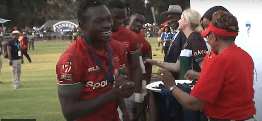 Kenya 7s winger Patrick Odongo receives medal. Photo/Screengrab