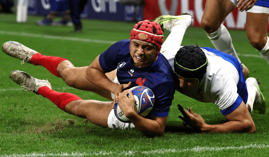 Louis Bielle-Biarrey scores France try against Italy. Photo/Opta.