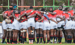 Kenya Simbas huddle before training. Photo/Uganda Rugby Union