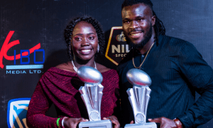 Pius Ogena and Peace Lekuru after winning award Uganda Rugby Awards. PHOTO/Uganda Rugby