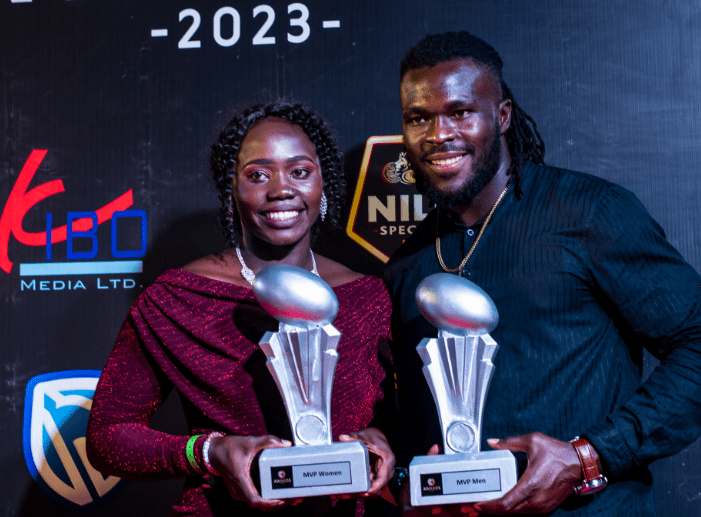 Pius Ogena and Peace Lekuru after winning award Uganda Rugby Awards. PHOTO/Uganda Rugby