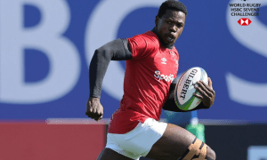 Kenya 7s captain Vincent Onyala races on for a try. PHOTO/Mike Lee for World Rugby.