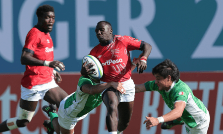 Kenya 7s player Brian Tanga tries to hit gap. PHOTO/Mike Lee for World Rugby