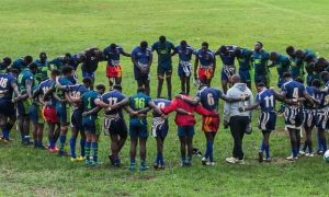 KCB Rugby and Strathmore Leos huddle together after a past Kenya Cup match. PHOTO/KCB Rugby.