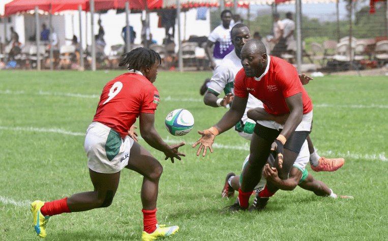 Kenya Morans Cornelius Mokoro received an offload from Steve Sikuta. PHOTO/Rugby Afrique
