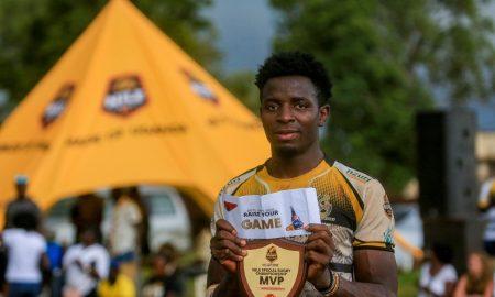 Jinja Hippos forward Andrew Odhiambo after receiving MVP award against Warriors. PHOTO/JINJA HIPPOS