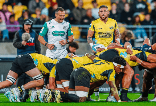 Hurricanes in a scrum-contest against Melbourne Rebels. PHOTO/Hurricanes/Facebook