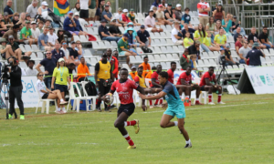 Kenya Moran's Victor Odhiambo races on against Mauritius in Africa Men's 7s. PHOTO/Mauritius.Rugby