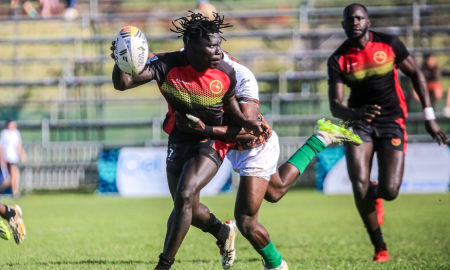 Uganda 7s Nobert Okeny tries to offload. PHOTO/@UgandaRugby