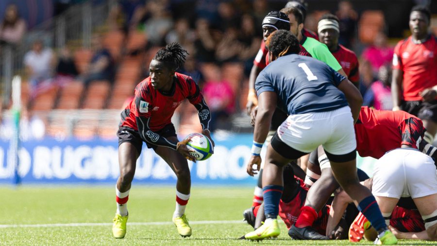 Kenya U20 rugby (scrum-half) Patrick Wainaina passes. PHOTO/World Rugby