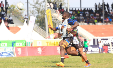 MMUST Rugby and Kenya Harlequin contest a kick. PHOTO/Brian Mwenje