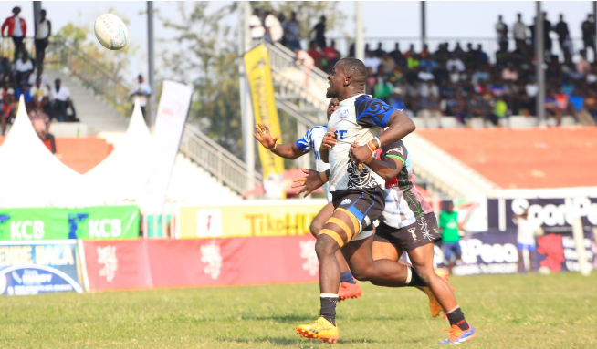 MMUST Rugby and Kenya Harlequin contest a kick. PHOTO/Brian Mwenje