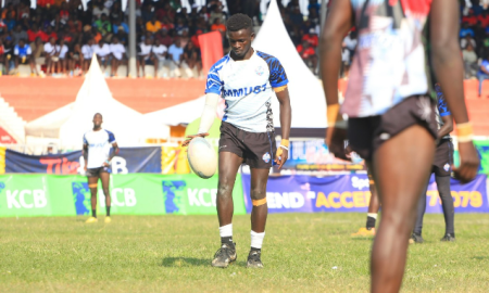 MMUST Rugby player Cyprian Ombaso taps the ball during a penalty. PHOTO/Brian Mwenje