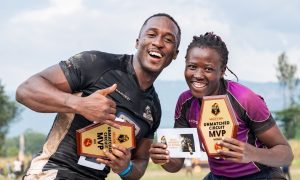 Desire Ayera celebrates after clinching the MVP. PHOTO/Uganda Rugby Union