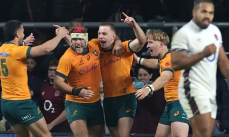 Wallabies celebrate against England. PHOTO/Wallabies