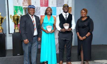 Kenya Harlequins FC Queens captain Sandra Oduor (2nd left) and Kenya Harlequins FC club captain Herman Humwa (3rd left) receive their Captain’s Shields from Chairman Victor Sudi (far left) and Hon Treasurer Peris Mukoko-Wanyaga (far right) at the Kenya Harlequin FC 2024 Annual Dinner and Awards Night held on December 7, 2024 at the Novotel Nairobi. PHOTO: Kenya Harlequin/ Tony Munge