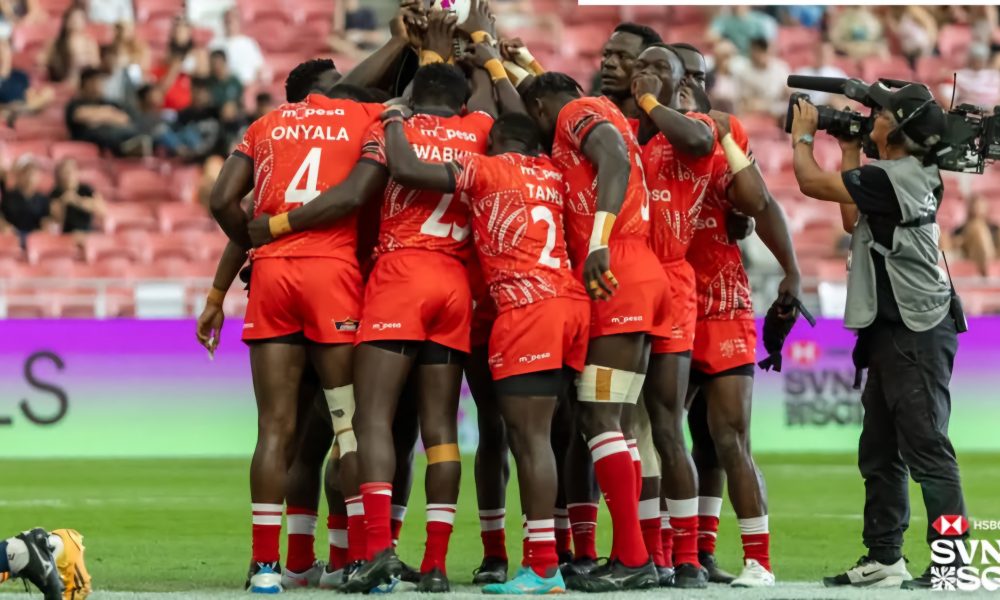 Kenya 7s players huddle at Singapore 7s. PHOTO/World Rugby