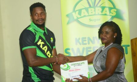 Kabras RFC playmaker Ntabeni Dukisa receives his award as Player of the season. PHOTO/Scrummage Africa