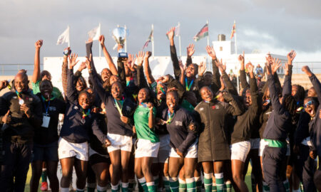 Kenya Lionesses hoist Rugby Africa Women's Cup. PHOTO/Rugby AfriQue